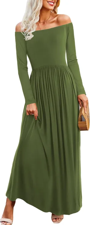 Amoretu Dresses for Women Long Sleeve Off Shoulder Maxi Flowy Casual Loose Plain Dress with Pockets