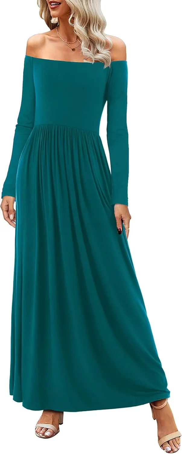 Amoretu Dresses for Women Long Sleeve Off Shoulder Maxi Flowy Casual Loose Plain Dress with Pockets