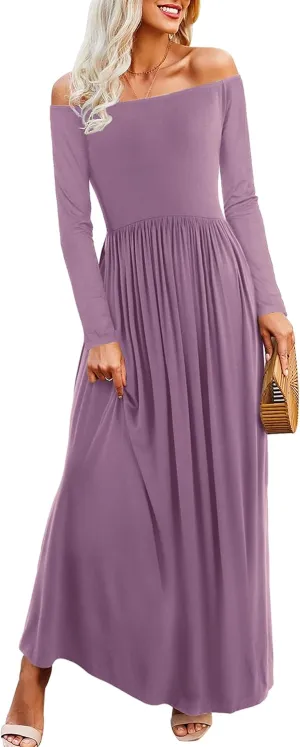 Amoretu Dresses for Women Long Sleeve Off Shoulder Maxi Flowy Casual Loose Plain Dress with Pockets