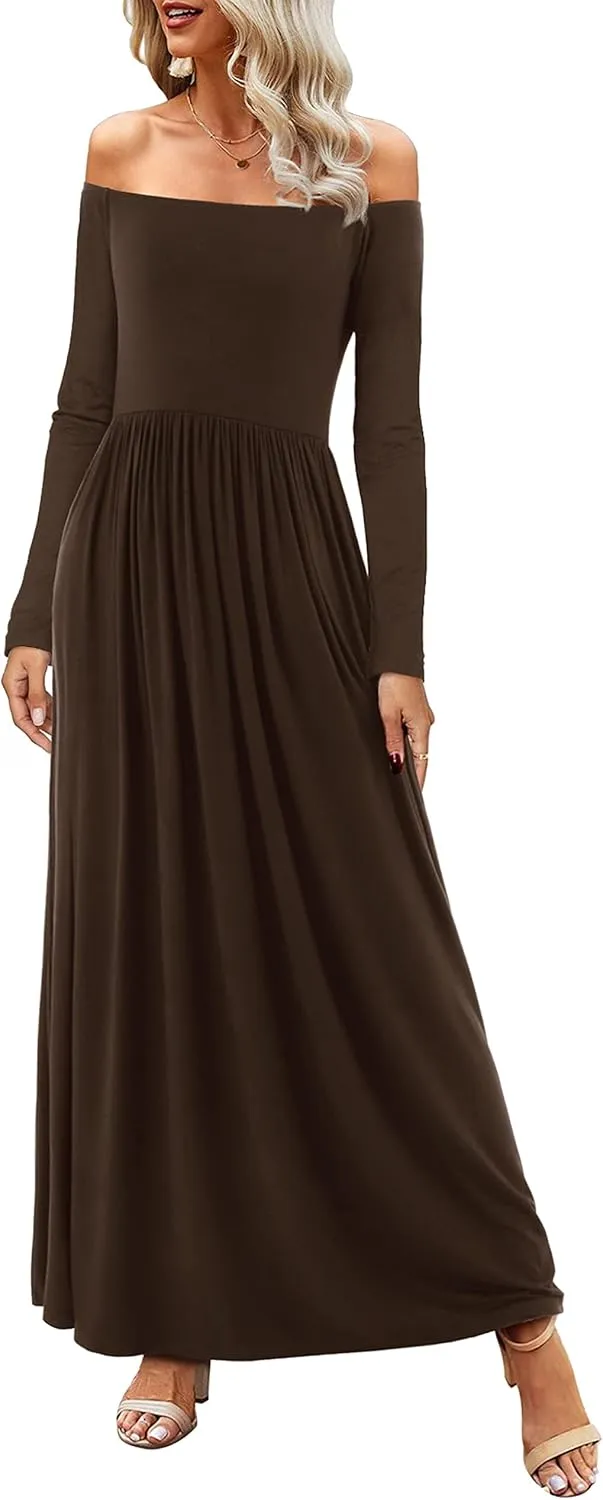Amoretu Dresses for Women Long Sleeve Off Shoulder Maxi Flowy Casual Loose Plain Dress with Pockets