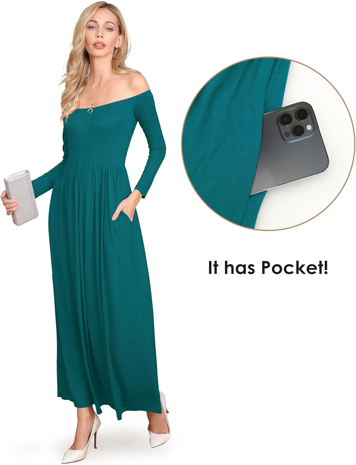 Amoretu Dresses for Women Long Sleeve Off Shoulder Maxi Flowy Casual Loose Plain Dress with Pockets
