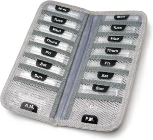 AM/PM Bi-Folding Pill Organizer   Supplement Case for OTC Medicine, Prescription   Vitamins - 14 Labeled Monday-Sunday Slide Lock Pouches, Grey Travel Pill Case