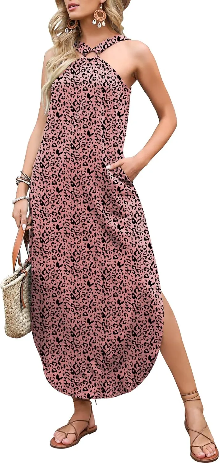 ANRABESS Women Summer Halter Neck Sundress Sleeveless Split Side Casual Beach Travel Vacation Maxi Long Dress with Pockets