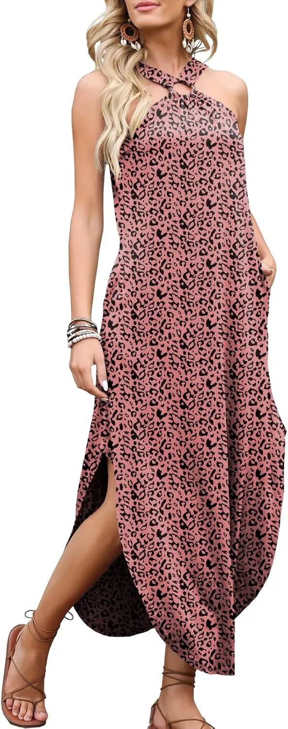 ANRABESS Women Summer Halter Neck Sundress Sleeveless Split Side Casual Beach Travel Vacation Maxi Long Dress with Pockets