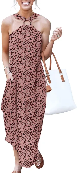 ANRABESS Women Summer Halter Neck Sundress Sleeveless Split Side Casual Beach Travel Vacation Maxi Long Dress with Pockets