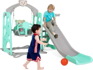 Arlopu Toddler Slide and Swing Set, 4 in 1 Kids Play Climber Slide Playset w/Ball Hoop Extra Long Slide Extra Ball, Baby Swing for Indoor Outdoor Playground, Easy Set-Up, 3 Years Old (Cool Summer)