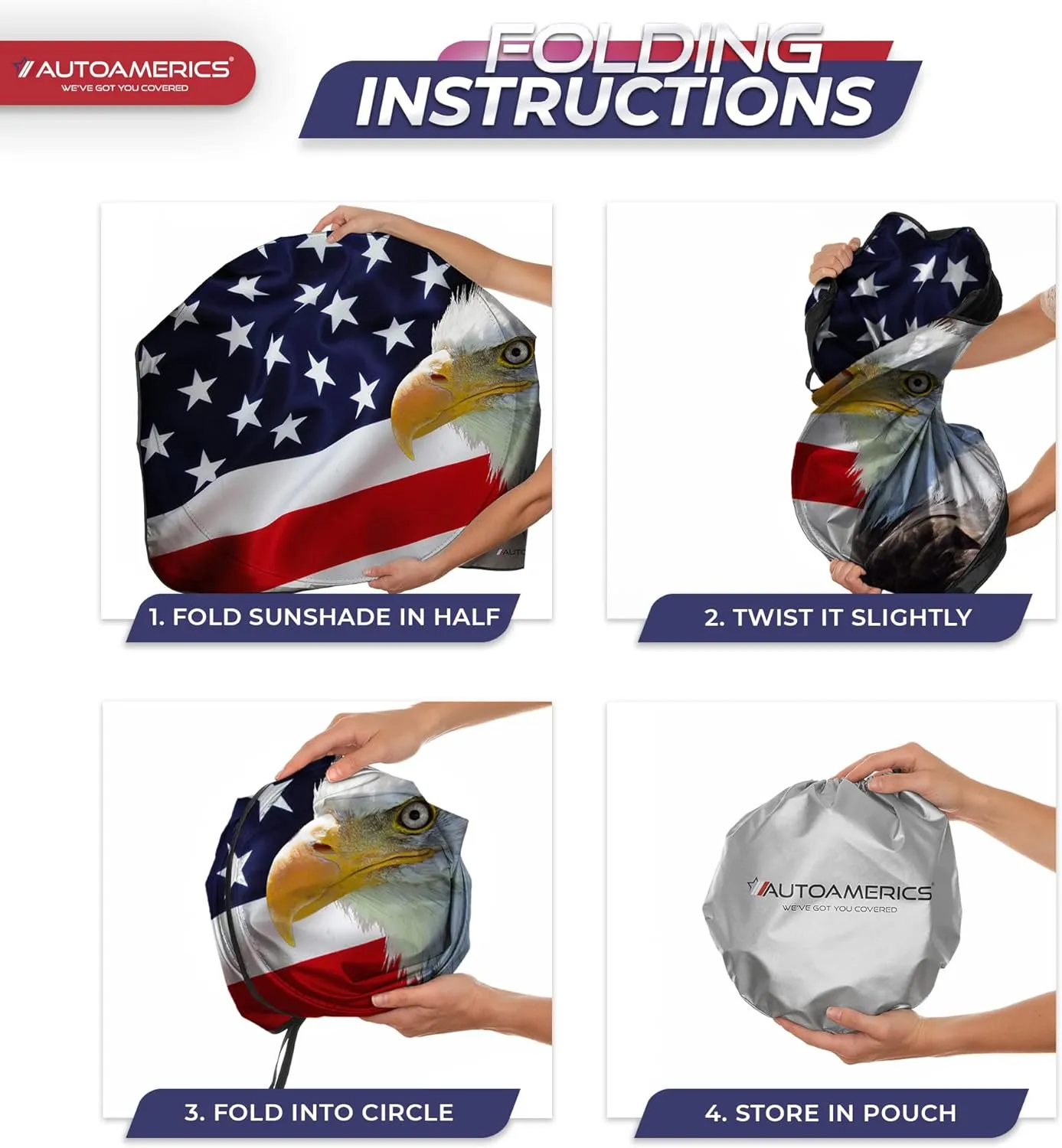 Autoamerics 1-Piece Windshield Sun Shade American Eagle Flag - 2 USA Patriotic Design - Foldable Car Front Window Sunshade for Sedans SUV Truck - Blocks Max UV Rays and Keeps Your Vehicle Cool - Large