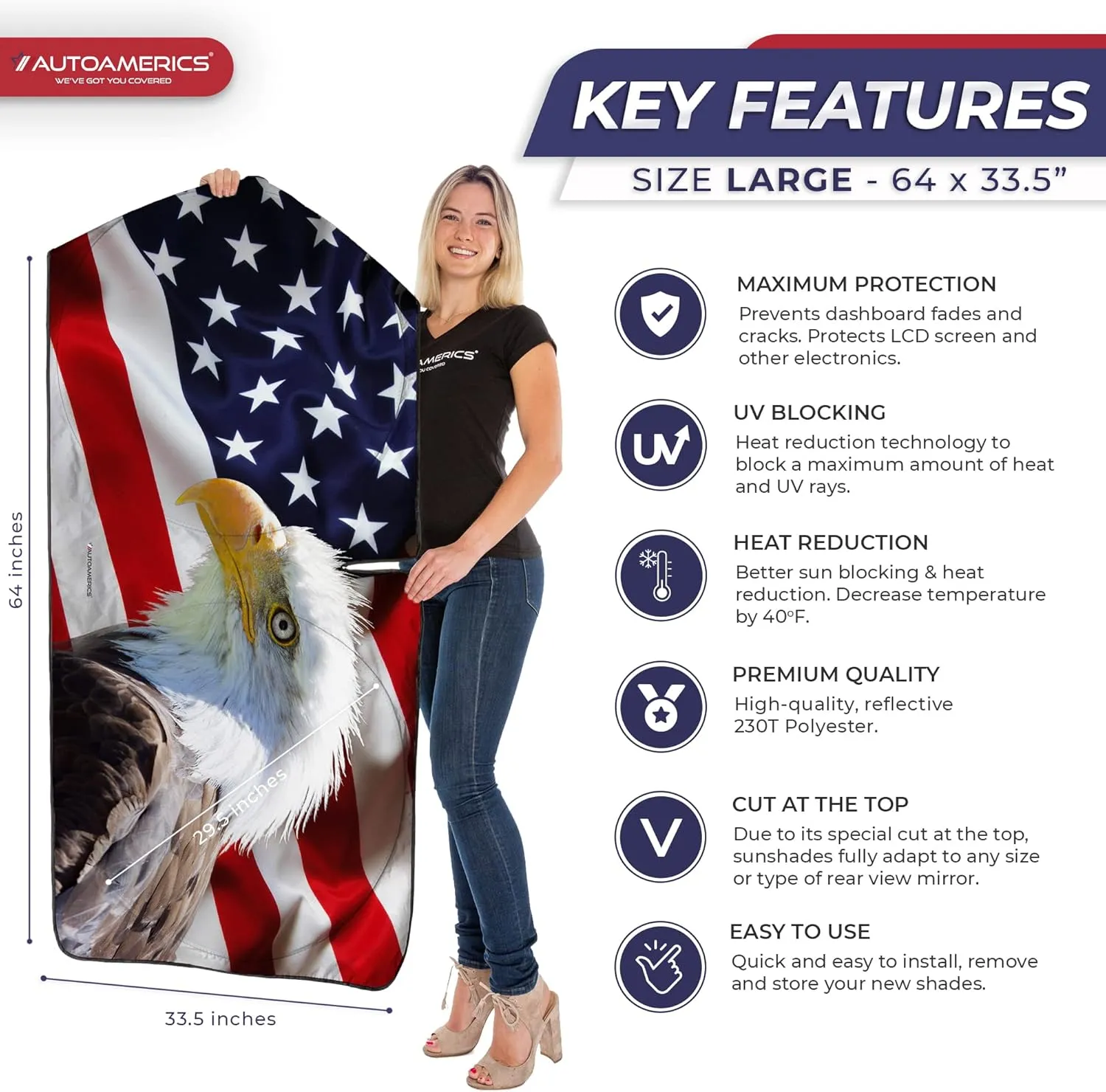 Autoamerics 1-Piece Windshield Sun Shade American Eagle Flag - 2 USA Patriotic Design - Foldable Car Front Window Sunshade for Sedans SUV Truck - Blocks Max UV Rays and Keeps Your Vehicle Cool - Large