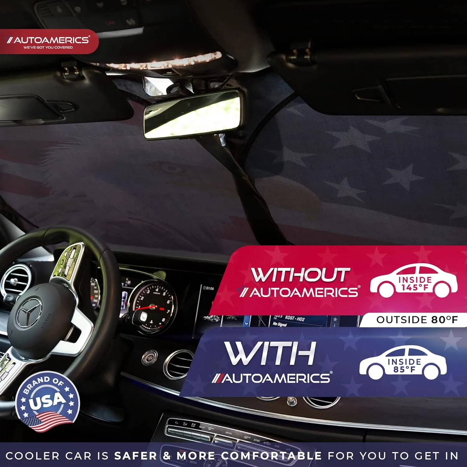 Autoamerics 1-Piece Windshield Sun Shade American Eagle Flag - 2 USA Patriotic Design - Foldable Car Front Window Sunshade for Sedans SUV Truck - Blocks Max UV Rays and Keeps Your Vehicle Cool - Large