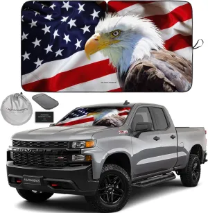 Autoamerics 1-Piece Windshield Sun Shade American Eagle Flag - 2 USA Patriotic Design - Foldable Car Front Window Sunshade for Sedans SUV Truck - Blocks Max UV Rays and Keeps Your Vehicle Cool - Large