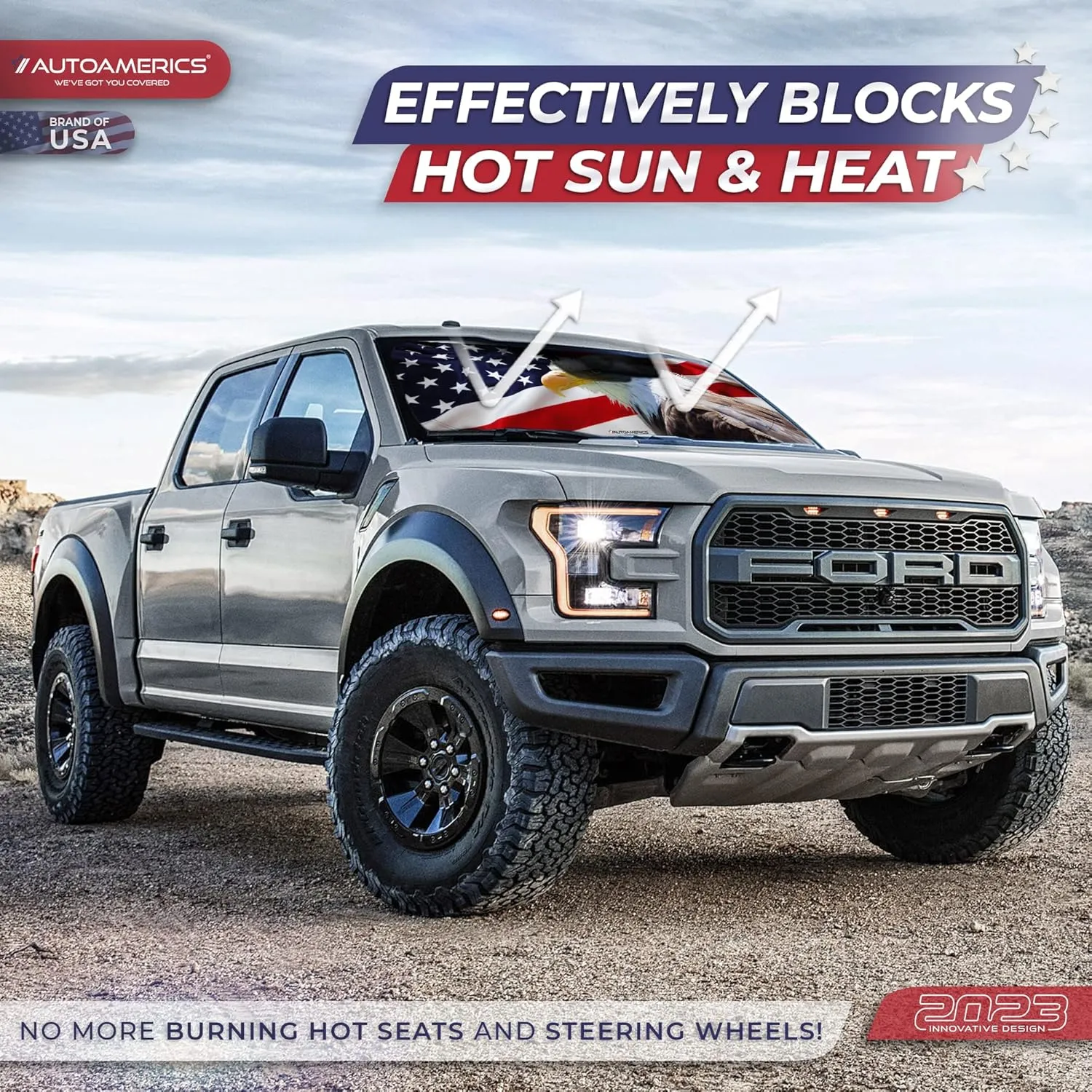Autoamerics 1-Piece Windshield Sun Shade American Eagle Flag - 2 USA Patriotic Design - Foldable Car Front Window Sunshade for Sedans SUV Truck - Blocks Max UV Rays and Keeps Your Vehicle Cool - Large