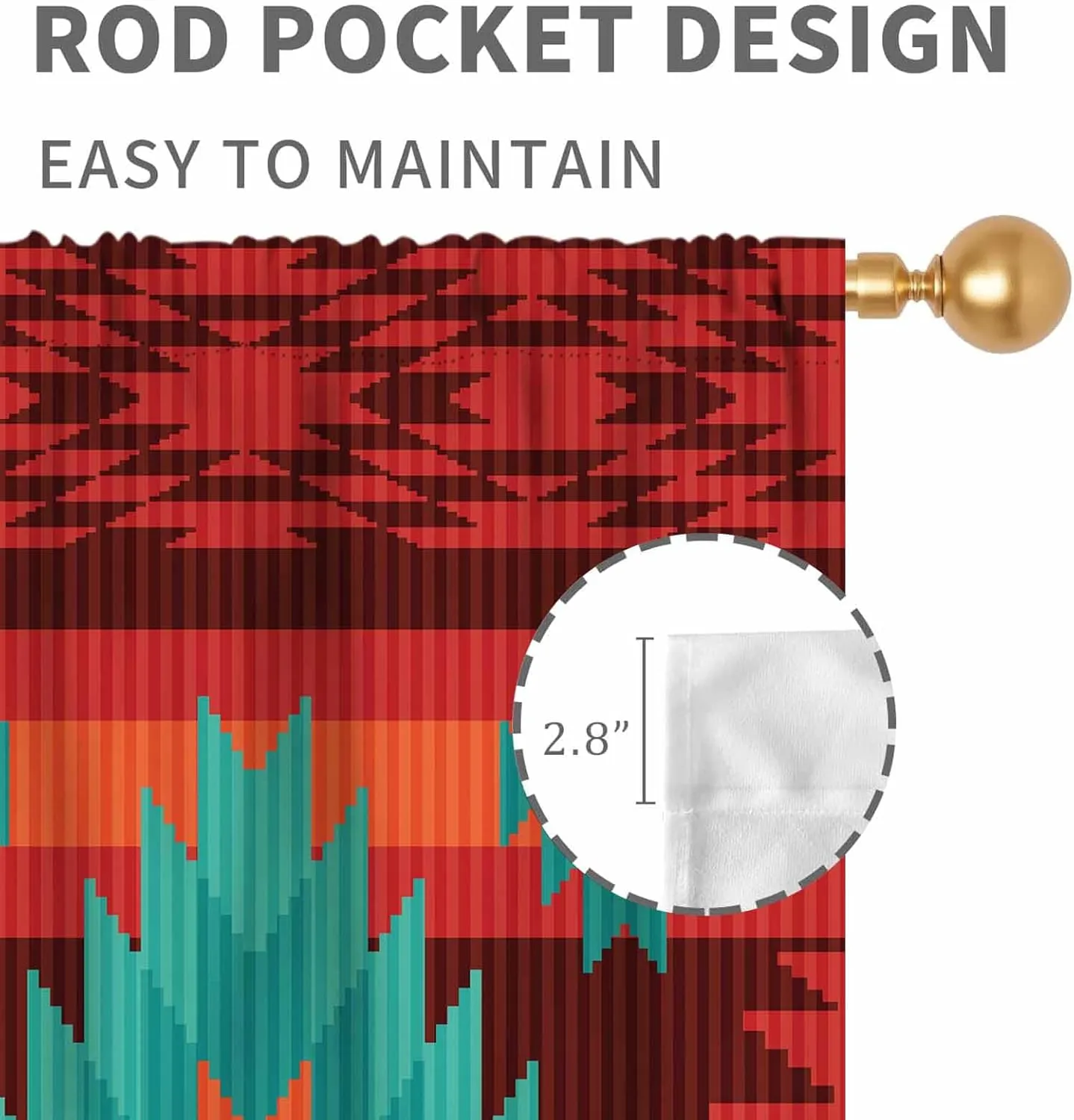 Aztec Curtains, Boho Southwestern Natvie Tribal American Ethnic Western Abstract Geometric Vintage Retro Red Window Drapery for Bedroom Living Room Kitchen Bathroom 2 Panels, 42"x45" Inch
