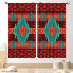 Aztec Curtains, Boho Southwestern Natvie Tribal American Ethnic Western Abstract Geometric Vintage Retro Red Window Drapery for Bedroom Living Room Kitchen Bathroom 2 Panels, 42"x45" Inch