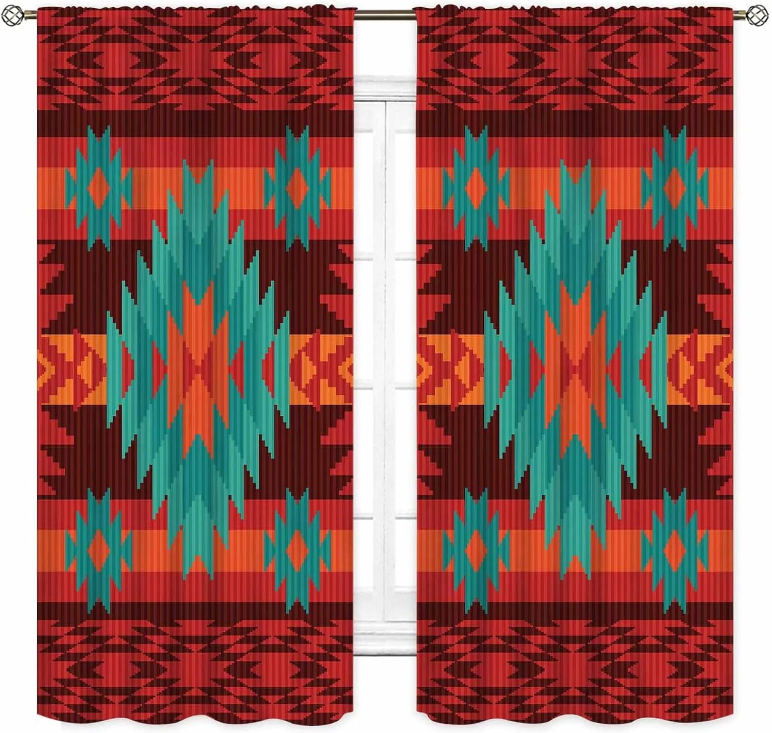 Aztec Curtains, Boho Southwestern Natvie Tribal American Ethnic Western Abstract Geometric Vintage Retro Red Window Drapery for Bedroom Living Room Kitchen Bathroom 2 Panels, 42"x45" Inch