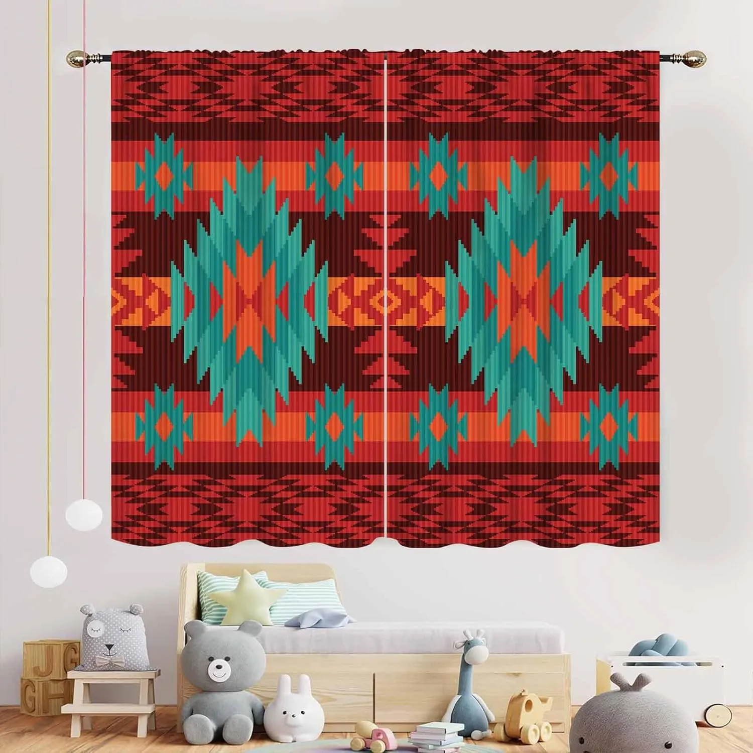 Aztec Curtains, Boho Southwestern Natvie Tribal American Ethnic Western Abstract Geometric Vintage Retro Red Window Drapery for Bedroom Living Room Kitchen Bathroom 2 Panels, 42"x45" Inch