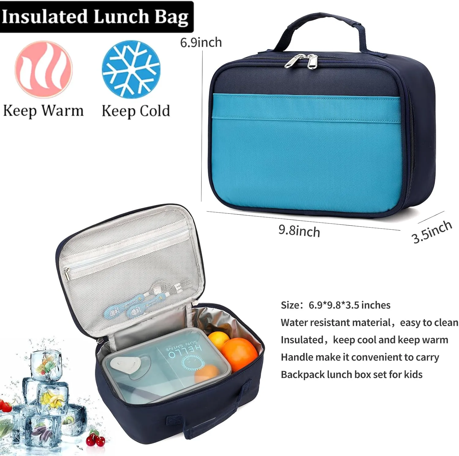 Backpack Set for Girls Boy Kids Backpack with Lunch Box for Elementary Primary Kindergarten School Bag (Dark Blue, Large)