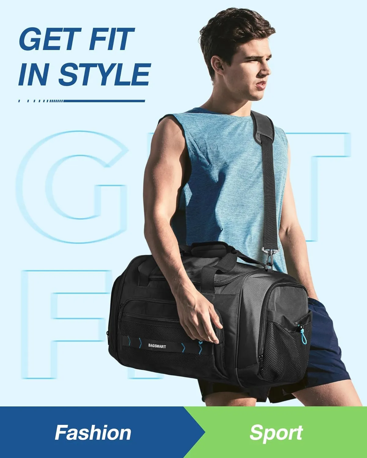 BAGSMART Gym Bag for Men & Women, Sports Travel Duffel Bag Carry-on Bag, Lightweight Weekend Overnight Bag with Shoe Compartment & Wet Pocket, Water-resistant Workout Duffle Bag for Travel Gym -Black