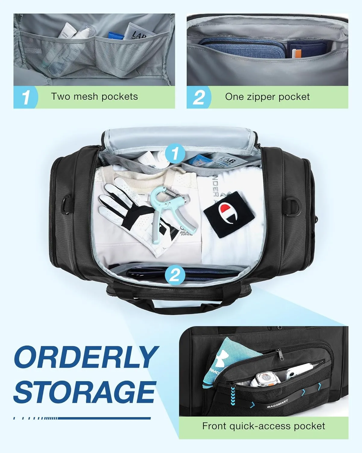 BAGSMART Gym Bag for Men & Women, Sports Travel Duffel Bag Carry-on Bag, Lightweight Weekend Overnight Bag with Shoe Compartment & Wet Pocket, Water-resistant Workout Duffle Bag for Travel Gym -Black