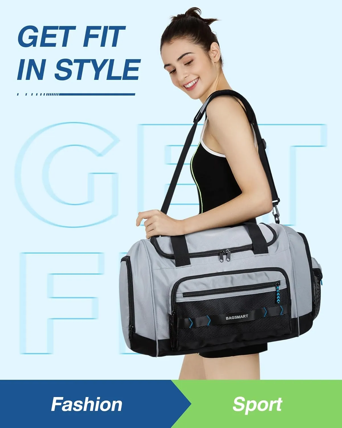 BAGSMART Sports Gym Bag, 37L Travel Duffel Bag Carry-on Bag, Lightweight Weekend Overnight Bag with Shoe Compartment & Wet Pocket, Water-resistant Workout Duffle Bag for Travel Gym- Grey