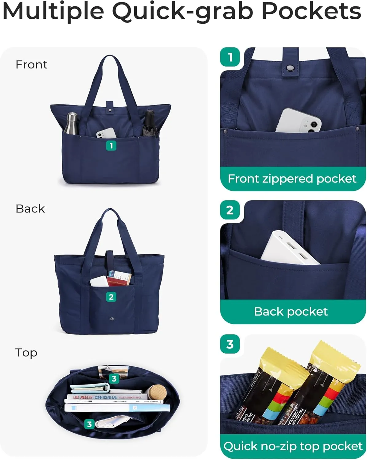 BAGSMART Tote Bag for Women, Foldable Tote Bag With Zipper Travel Large Shoulder Bag Handbag for Work-16.5''l X 6''wx 14''h
