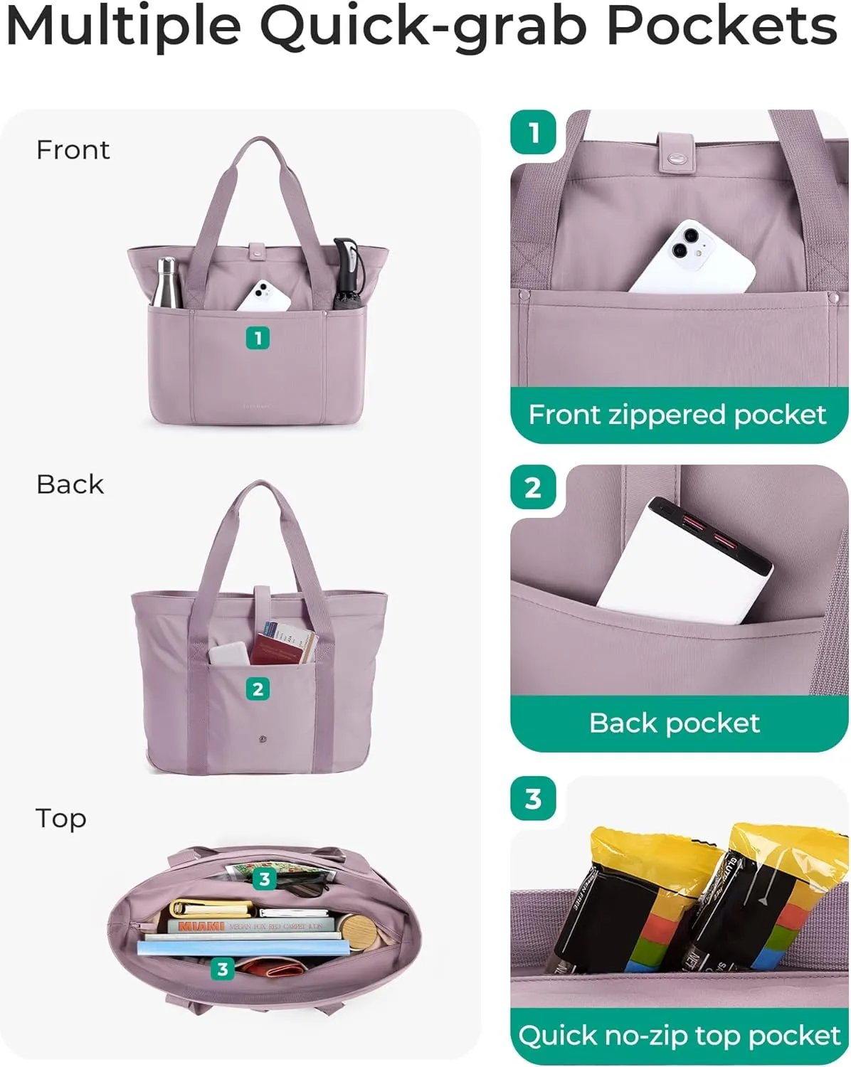 BAGSMART Tote Bag for Women, Foldable Tote Bag With Zipper Travel Large Shoulder Bag Handbag for Work-16.5''l X 6''wx 14''h