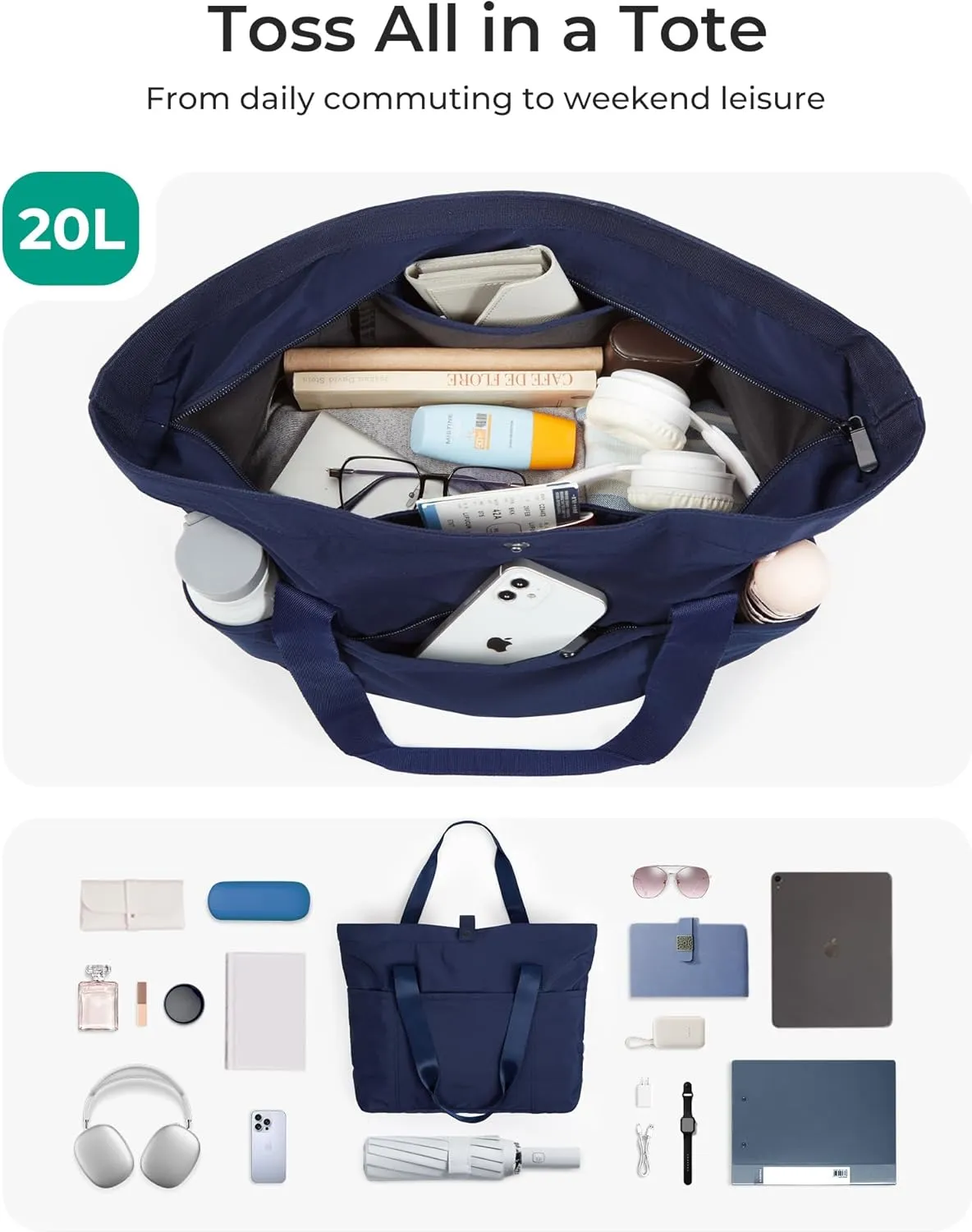 BAGSMART Tote Bag for Women, Foldable Tote Bag With Zipper Travel Large Shoulder Bag Handbag for Work-16.5''l X 6''wx 14''h