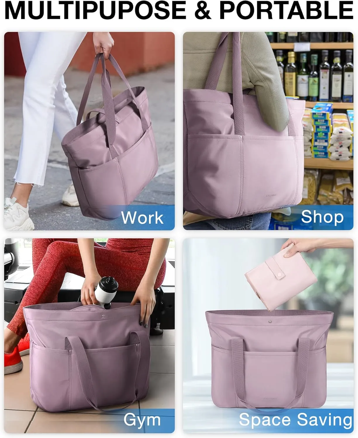 BAGSMART Tote Bag for Women, Foldable Tote Bag With Zipper Travel Large Shoulder Bag Handbag for Work-16.5''l X 6''wx 14''h