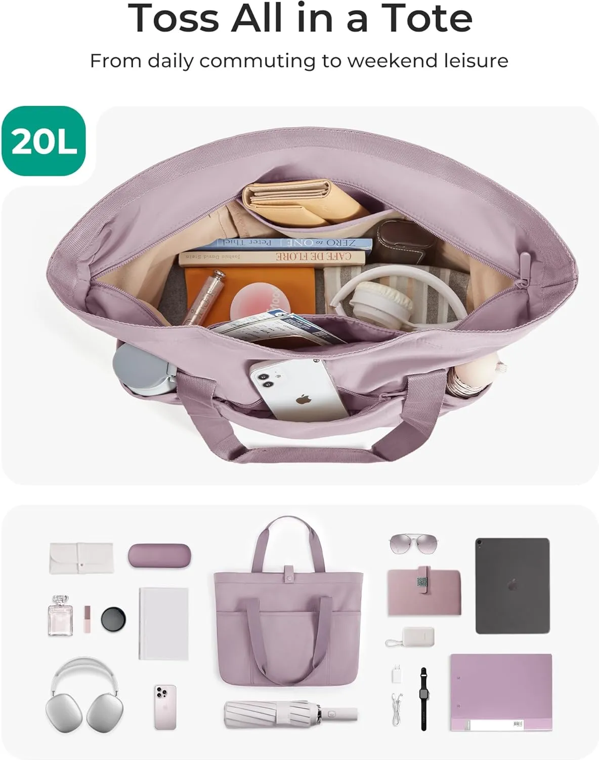 BAGSMART Tote Bag for Women, Foldable Tote Bag With Zipper Travel Large Shoulder Bag Handbag for Work-16.5''l X 6''wx 14''h