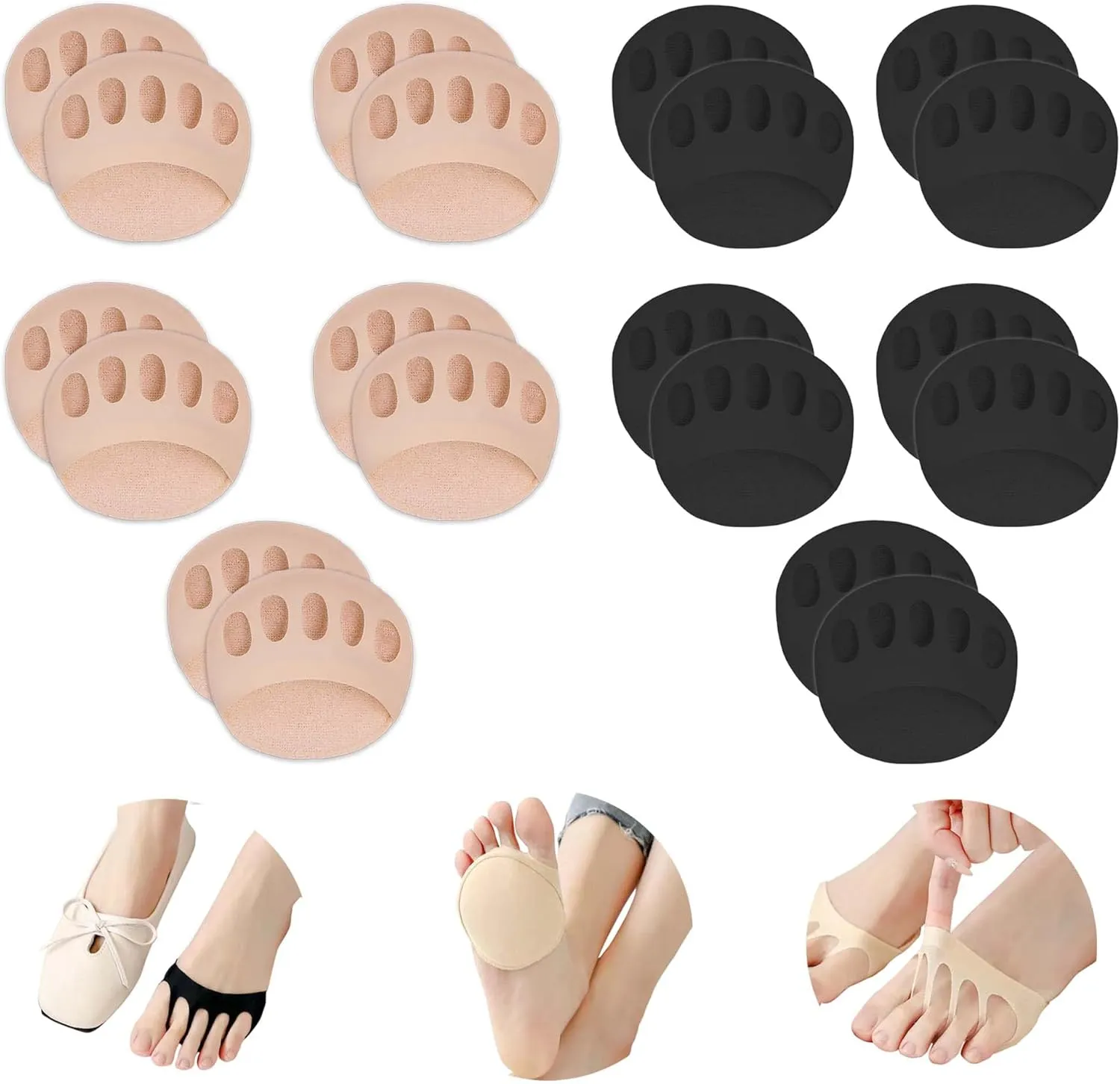 Ball of Foot Cushions Honeycomb Fabric Metatarsal Pads Invisible Socks Pads for Women and Men Reusable Forefoot Pads (5 Pairs-Beige /5 Pairs-Black)