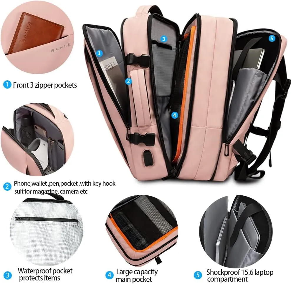 BANGE 35L Travel Backpack for Women, Carry On Backpack with USB Charging Port,17.3 Inch Laptop Backpack Flight Approved, College School Bag Casual Daypack for Weekender Business Hiking…