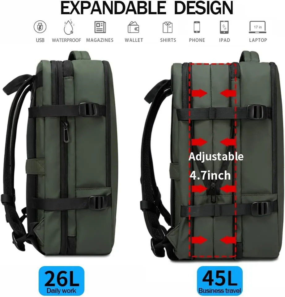 BANGE Carry-on Backpack, 45L Expandable Travel Backpacks,Weekend Backpack Briefcase,Waterproof Laptop Backpack Fits For 17.3” Laptop