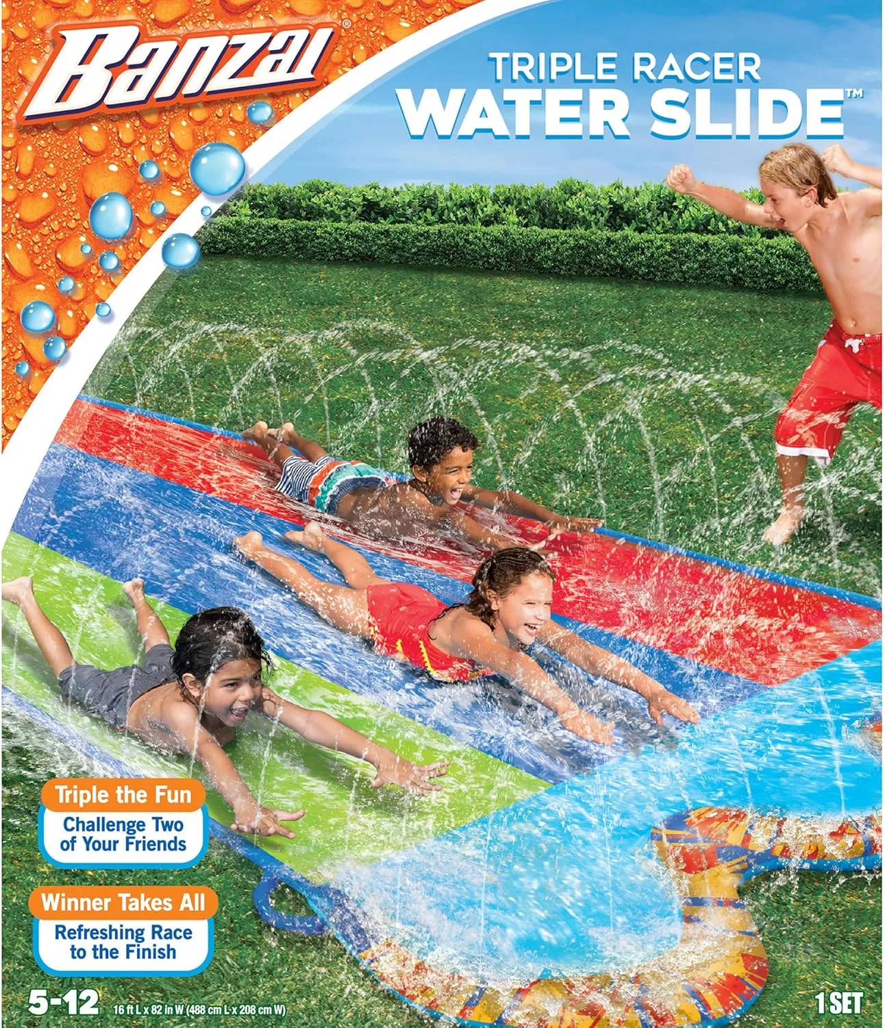 BANZAI Triple Racer Water Slide, Length: 16 ft, Width: 82 in, Inflatable Outdoor Backyard Water Slide Splash Toy