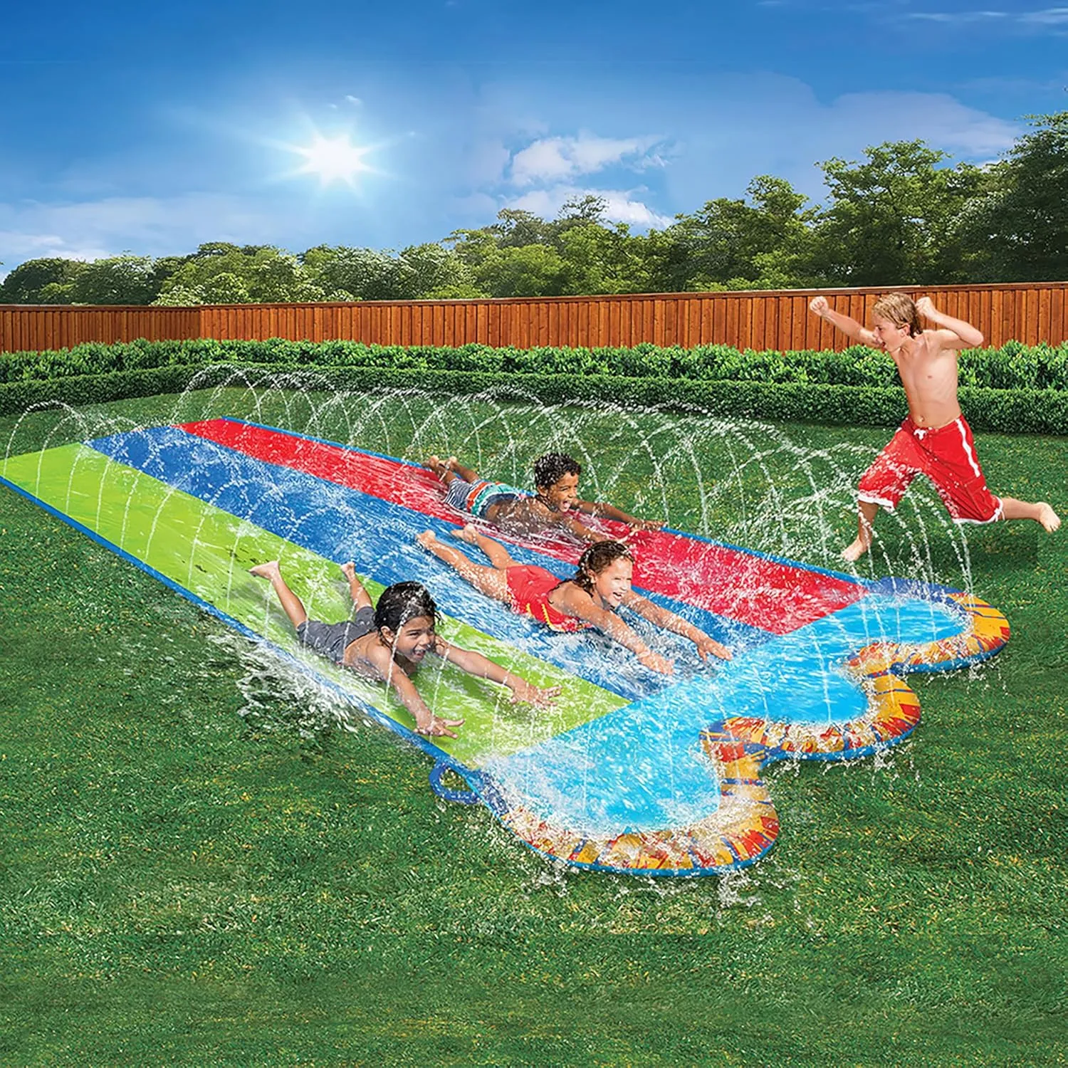BANZAI Triple Racer Water Slide, Length: 16 ft, Width: 82 in, Inflatable Outdoor Backyard Water Slide Splash Toy
