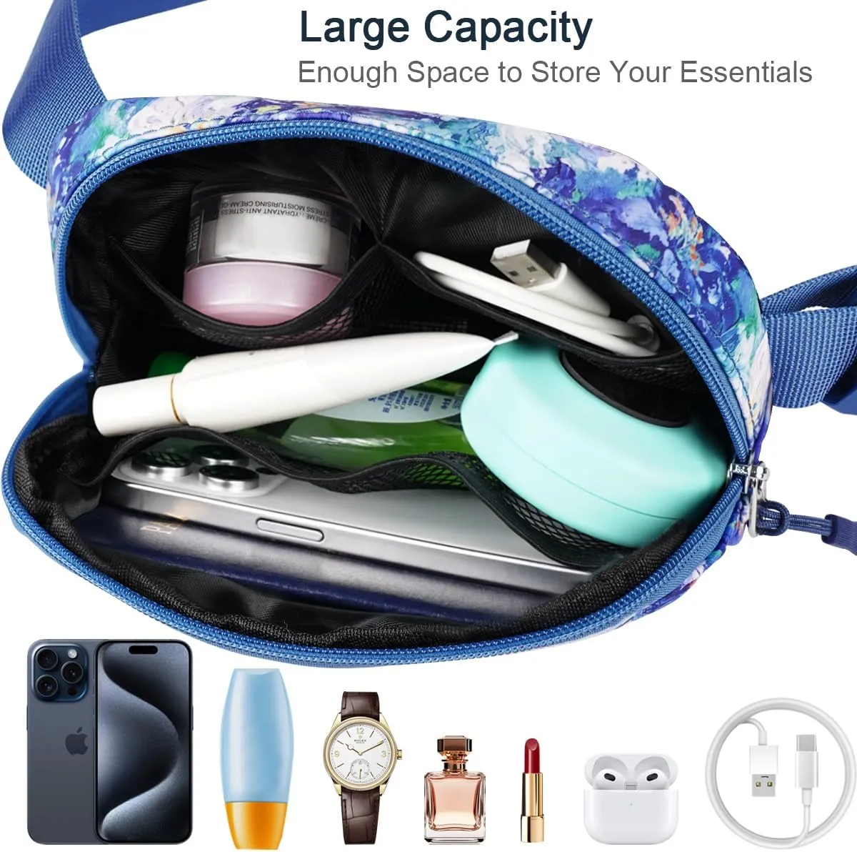 Belt Bag Waist Fanny Pack Crossbody Bags Cute Small Travel Essential Birthday Christmas Gift for Women Trendy Teen Girl Kids Daughter Sister Her Preppy Girly Stuff, Blue Flowers