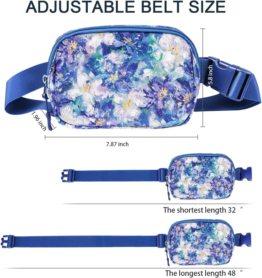 Belt Bag Waist Fanny Pack Crossbody Bags Cute Small Travel Essential Birthday Christmas Gift for Women Trendy Teen Girl Kids Daughter Sister Her Preppy Girly Stuff, Blue Flowers