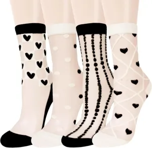 Benefeet Sox 4 Pairs Sheer Socks Thin Mesh Lace Socks for Women Transparent See Through Ankle Black Nylon White Cute Heart Crystal Glass Summer Vintage Fashion Crew Sock