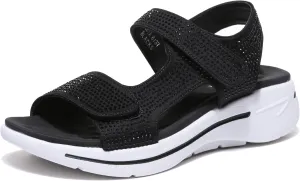 Bernal Women's Fashion Walking Sandals Comfortable Cushion Open-Toe Shoes Slip-On Platrorm Sandals with Diamonds