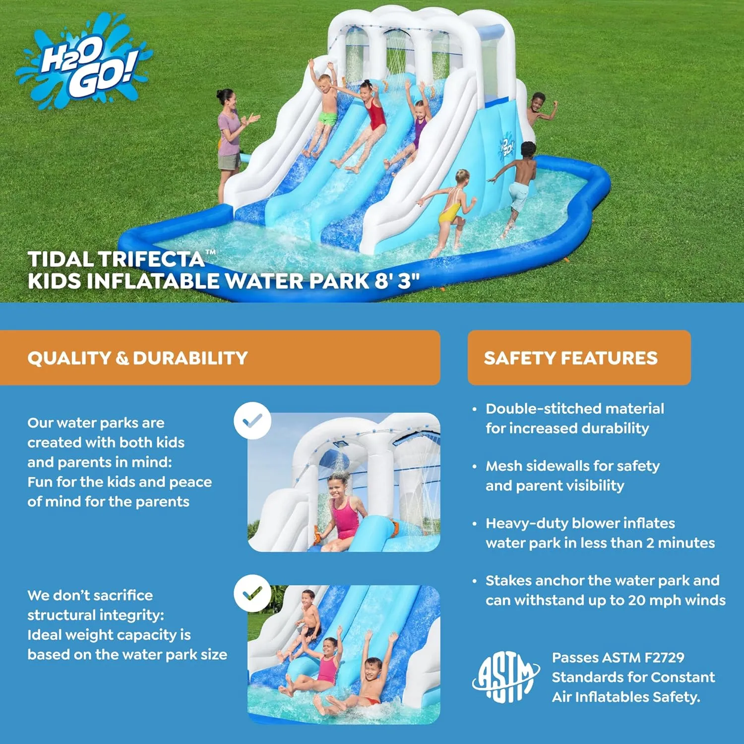 Bestway H2OGO! Tidal Trifecta Kids Inflatable Water Park | Inflatable Triple Slide and Splash Pool | Great for Kids Ages 5 and Up