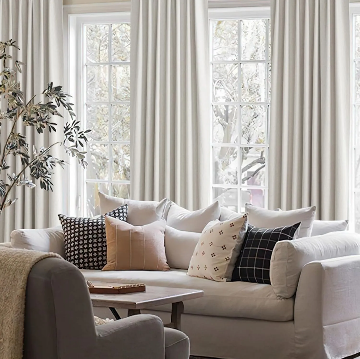 Birch Total Blackout Curtains 96 Inches Long for Bedroom 8 Foot Tall Heavy Thermal Rustic Country Curtains for Living Room Track System Window Treatments Beige Linen Burlap (50Wx96L 2 Panels)