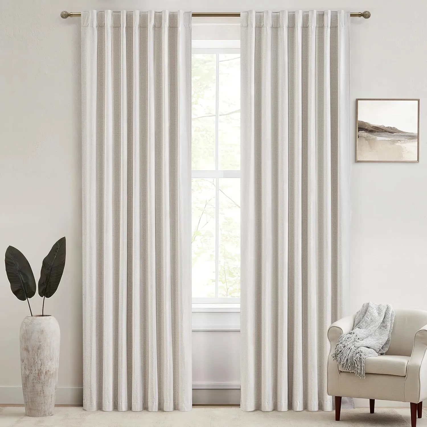 Birch Total Blackout Curtains 96 Inches Long for Bedroom 8 Foot Tall Heavy Thermal Rustic Country Curtains for Living Room Track System Window Treatments Beige Linen Burlap (50Wx96L 2 Panels)