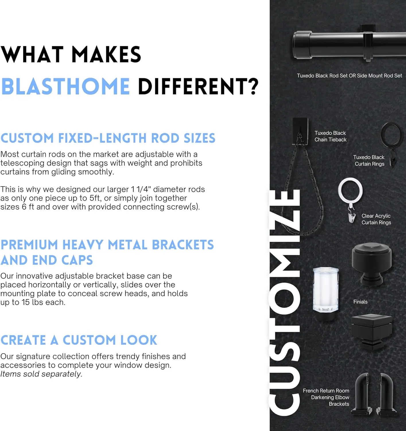BlastHome® Luxury 3 ft Custom Curtain Rod – 1 1/4" Large Diameter – Premium Brackets & Endcaps – Nonadjustable Rods Connect for a Seamless Look – Tuxedo Black Finish