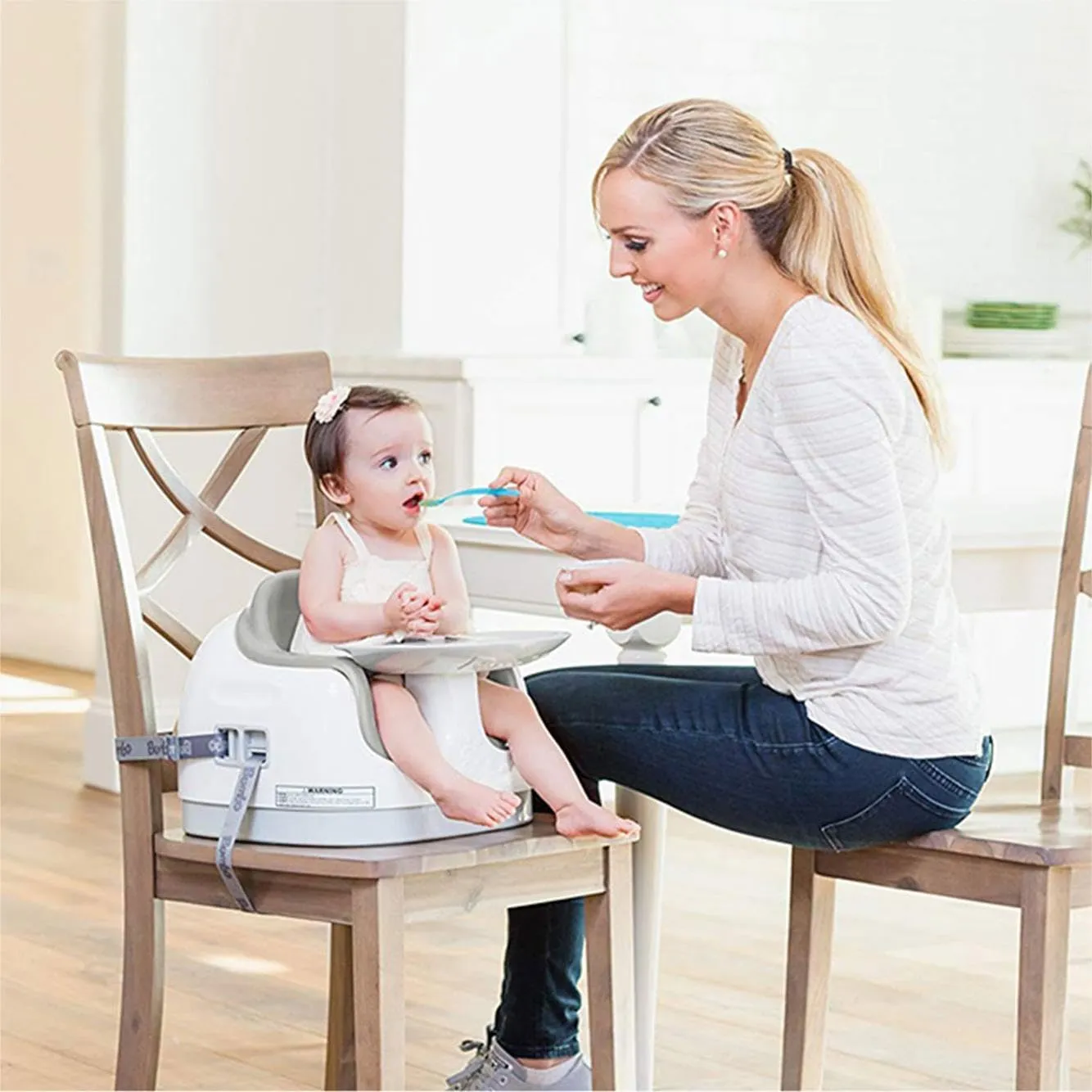 Bumbo 3-in-1 Baby Multi Seat Booster with Feeding Tray, 6-36 Months Old, Cool Grey - High Chair and Floor Seat Accessory for Babies, Infants, and Toddlers