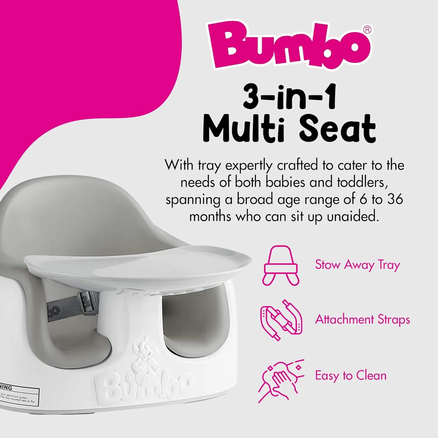 Bumbo Baby Toddler Adjustable 3 in 1 Multi Seat High Chair & Booster Seat with Removable Tray and Buckle Strap for Toddlers 1 to 3, Cool Gray (2 Pack)
