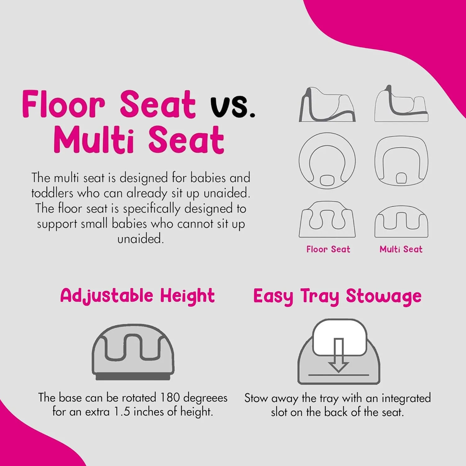 Bumbo Baby Toddler Adjustable 3 in 1 Multi Seat High Chair & Booster Seat with Removable Tray and Buckle Strap for Toddlers 1 to 3, Cool Gray (2 Pack)