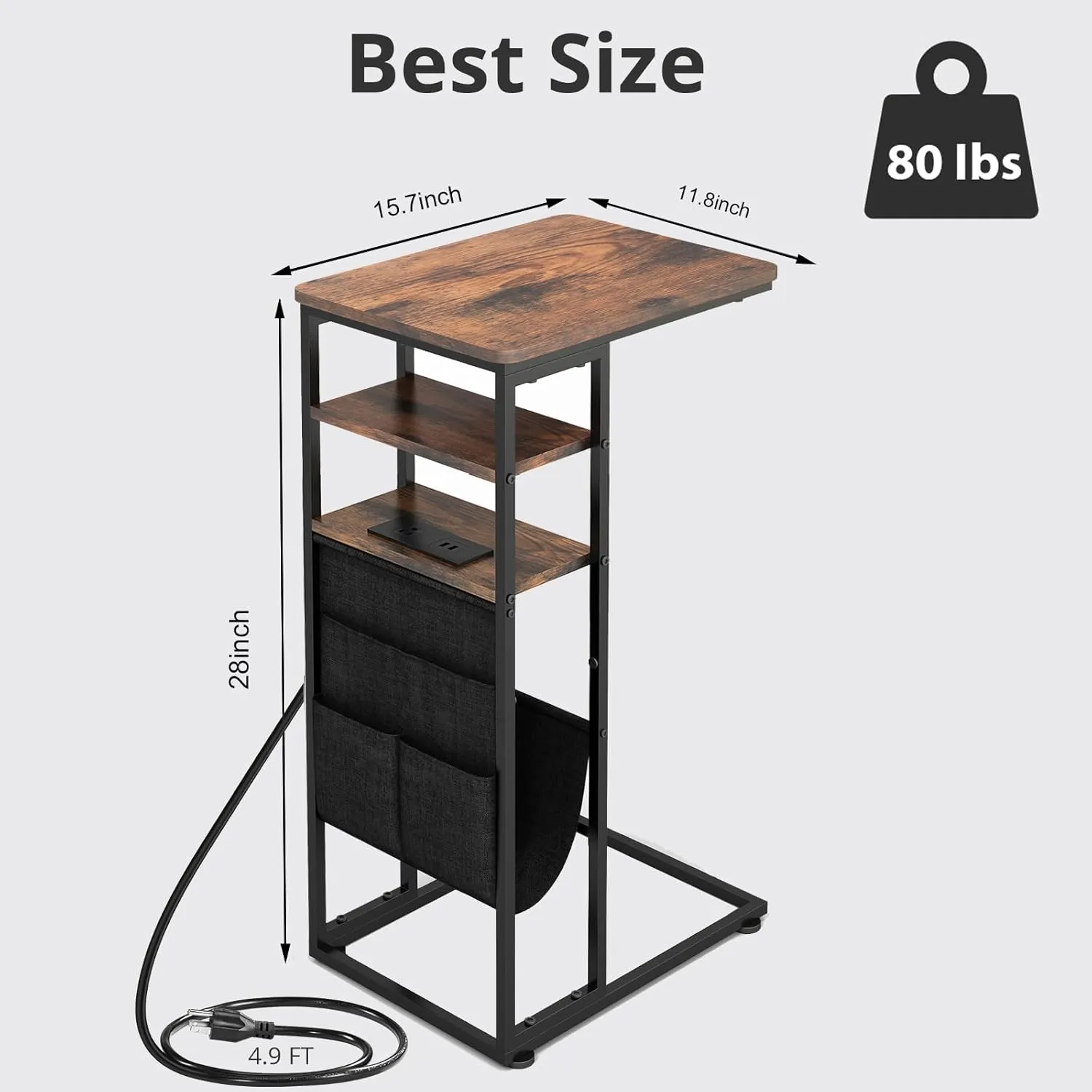 C Shaped End Table with Charging Station, 28"(H) 3-Tier C Table with Storage Bag, Slide Under Couch Table Sofa Tray Table TV Tray Sturdy C-Shaped End Table for Living Room, Bedroom, or Office