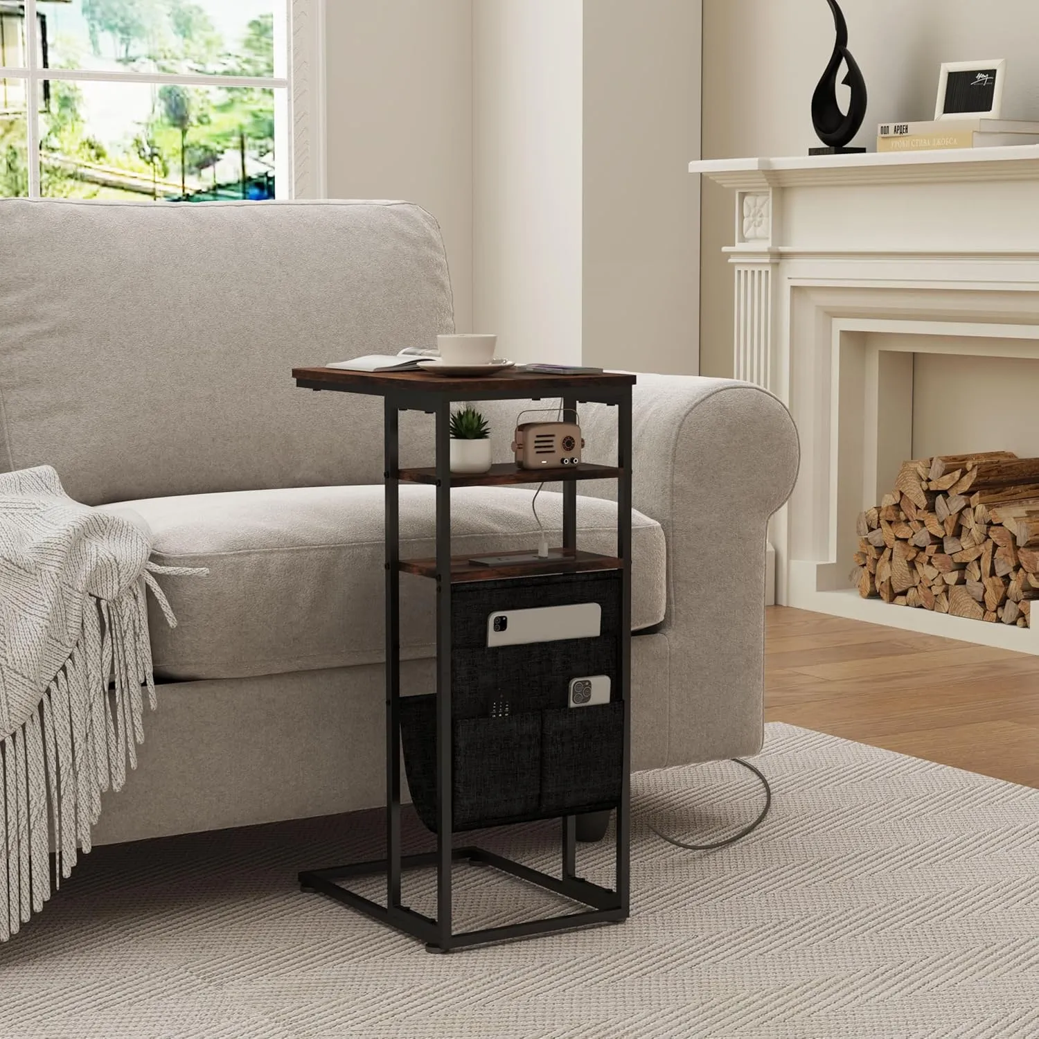 C Shaped End Table with Charging Station, 28"(H) 3-Tier C Table with Storage Bag, Slide Under Couch Table Sofa Tray Table TV Tray Sturdy C-Shaped End Table for Living Room, Bedroom, or Office