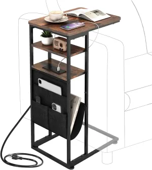 C Shaped End Table with Charging Station, 28"(H) 3-Tier C Table with Storage Bag, Slide Under Couch Table Sofa Tray Table TV Tray Sturdy C-Shaped End Table for Living Room, Bedroom, or Office