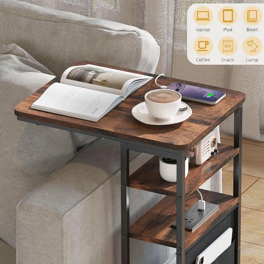 C Shaped End Table with Charging Station, 28"(H) 3-Tier C Table with Storage Bag, Slide Under Couch Table Sofa Tray Table TV Tray Sturdy C-Shaped End Table for Living Room, Bedroom, or Office