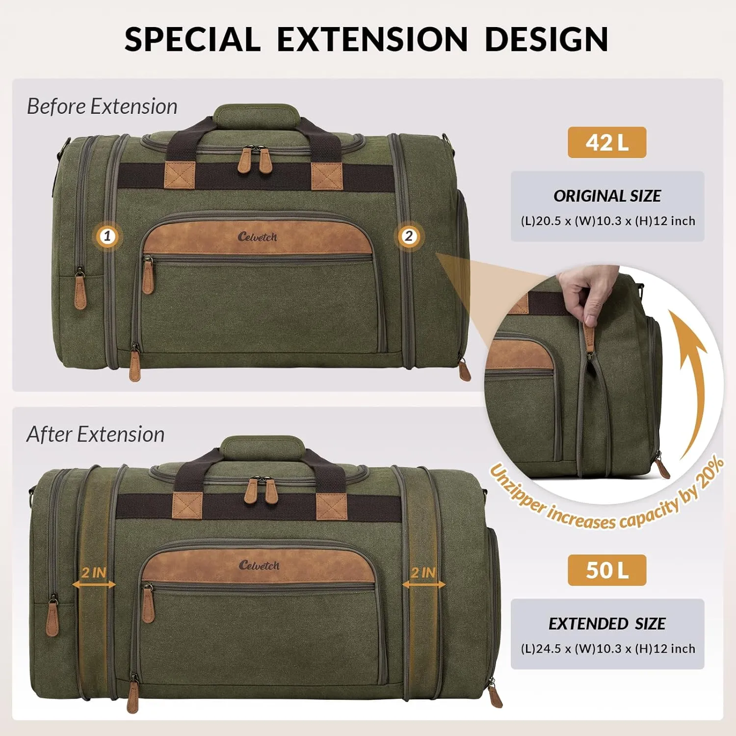 Canvas Duffle Bag for Travel 50L Expandable Travel Duffel Bags for Men Women Weekender Overnight Bag with Shoes Compartment - Army Green
