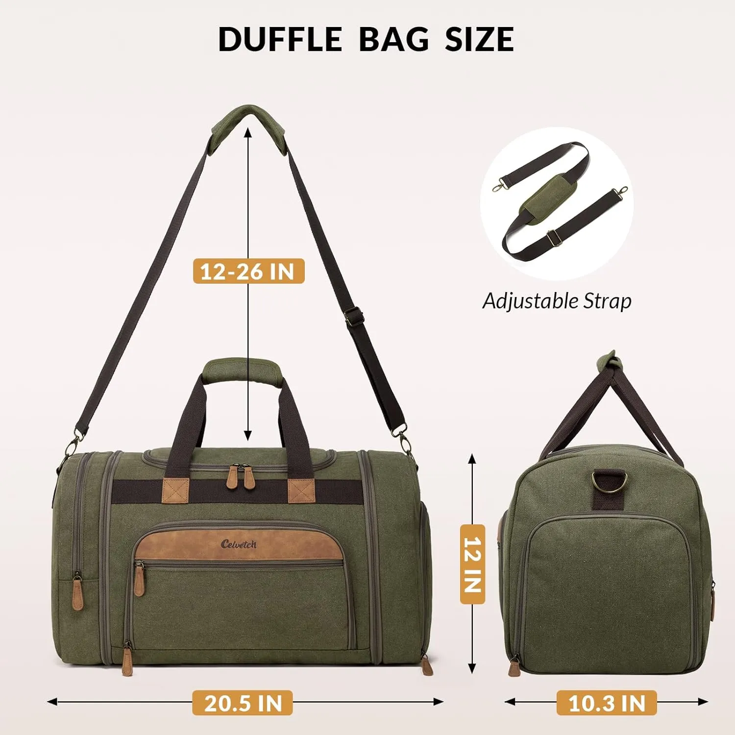Canvas Duffle Bag for Travel 50L Expandable Travel Duffel Bags for Men Women Weekender Overnight Bag with Shoes Compartment - Army Green